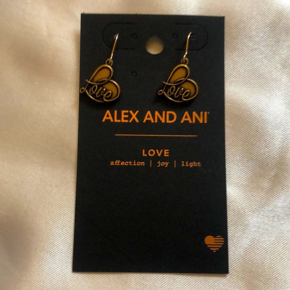 Alex And Ani Gold Tone Love Script Heart Drop Earrings NWT - Picture 2 of 9